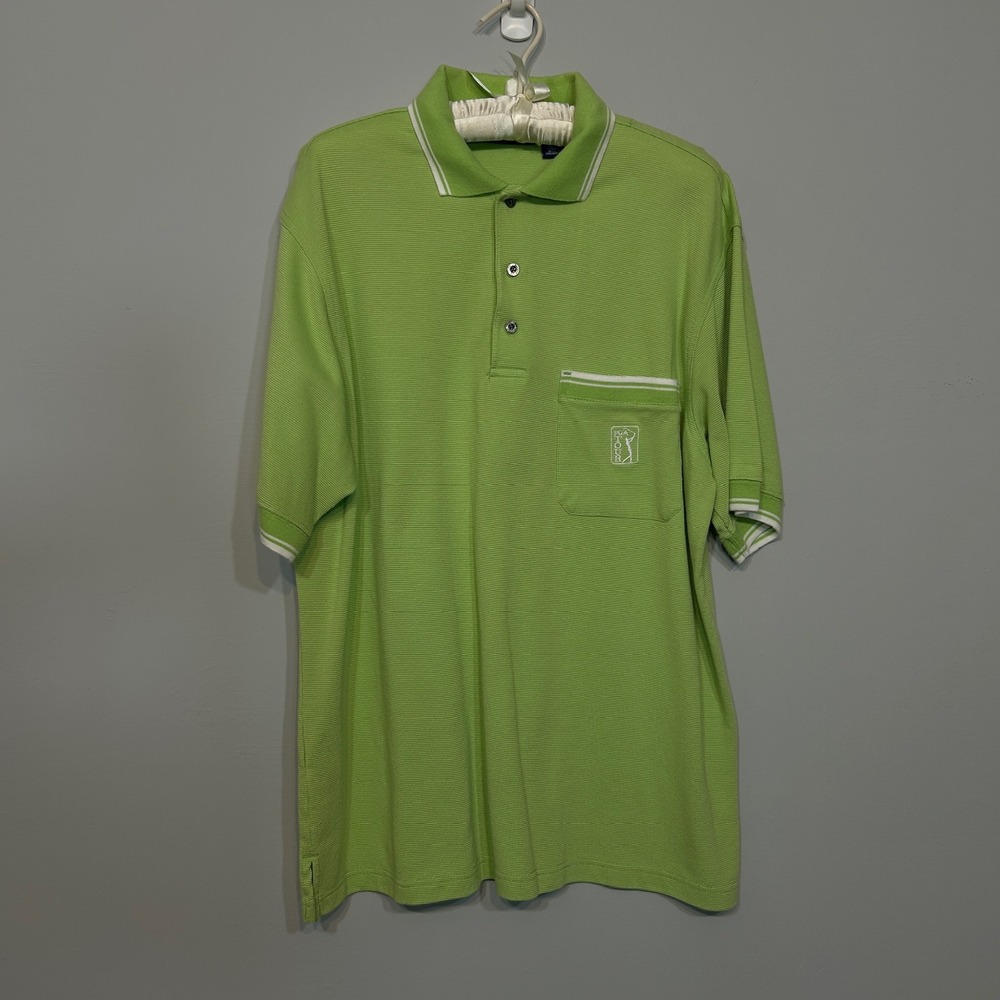 PGA Tour Polo Shirt Male Large Lime Green Short Sleeve Pocket Tipped Collar